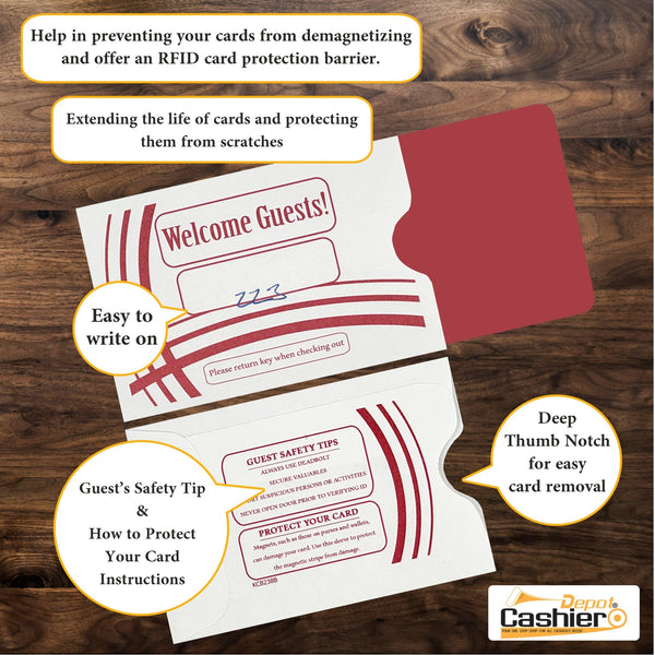 Hotel/ Motel "Welcome Guest" Key Card Sleeve, 2 3/8" X 3 1/2", Printed in Burgundy, Premium 24lb. Paper, 500/Box (KCB238B) - Cashier Depot