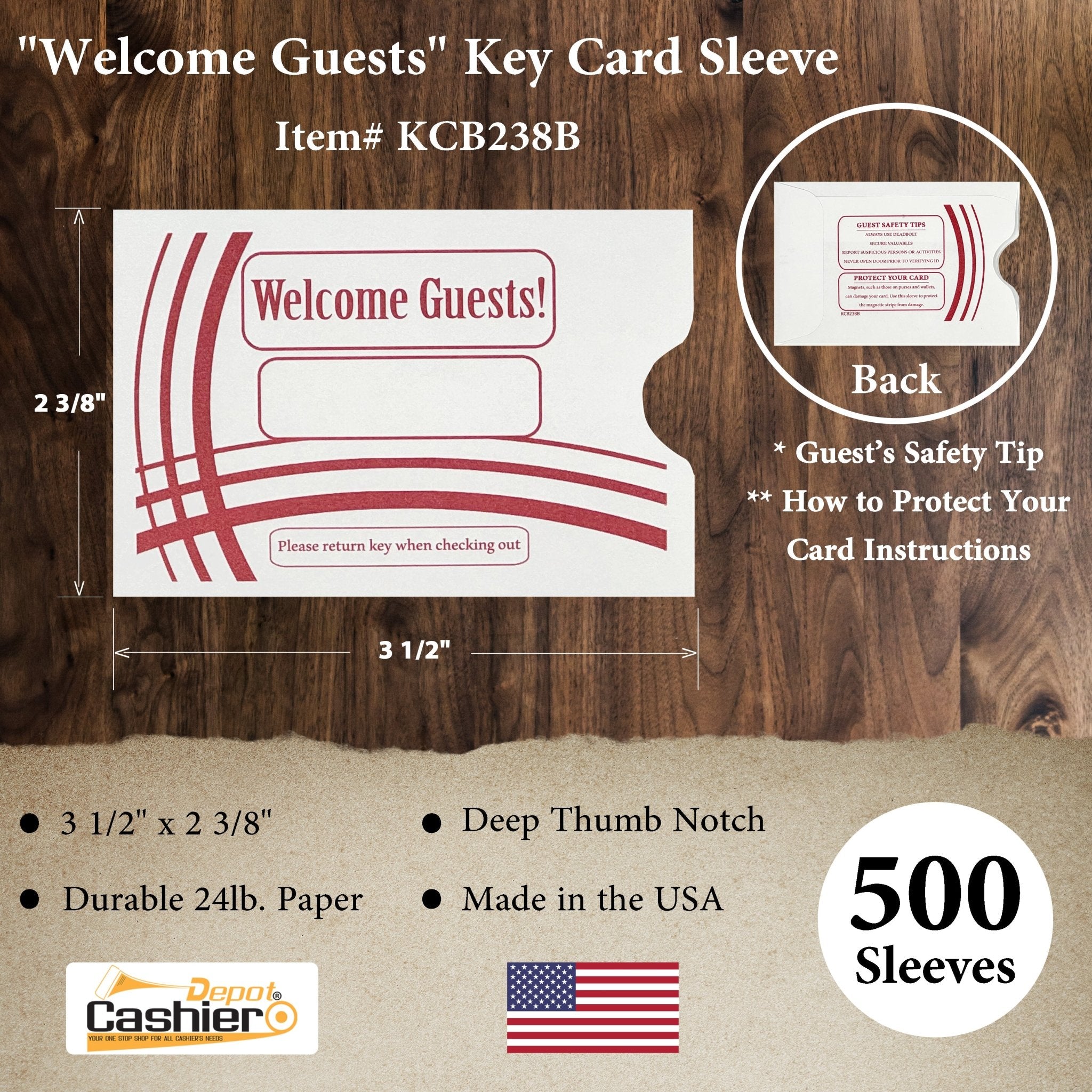 Hotel/ Motel "Welcome Guest" Key Card Sleeve, 2 3/8" X 3 1/2", Printed in Burgundy, Premium 24lb. Paper, 500/Box (KCB238B) - Cashier Depot