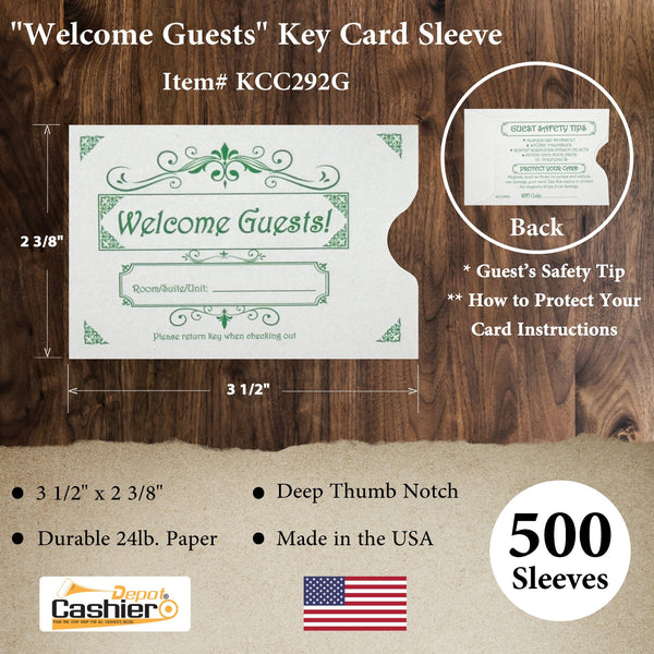 Hotel/ Motel "Welcome Guest" Key Card Sleeve, 2 3/8" X 3 1/2", Printed in Green, Premium 24lb. Paper, 500/Box (KCC292G) - Cashier Depot