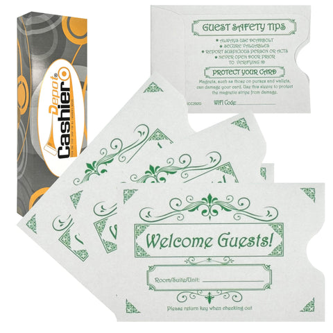 Hotel/ Motel "Welcome Guest" Key Card Sleeve, 2 3/8" X 3 1/2", Printed in Green, Premium 24lb. Paper, 500/Box (KCC292G) - Cashier Depot