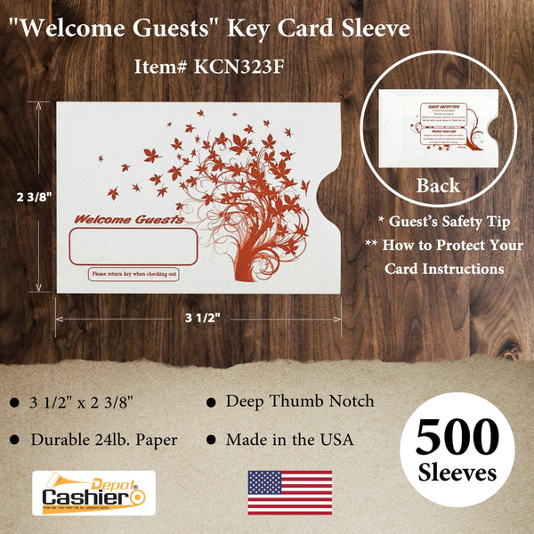 Hotel/ Motel "Welcome Guest" Key Card Sleeve, 2 3/8" X 3 1/2", Printed in Orange, Premium 24lb. Paper, 500/Box (KCN323F) - Cashier Depot