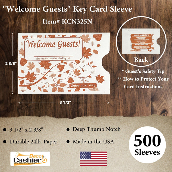 Hotel/ Motel "Welcome Guest" Key Card Sleeve, 2 3/8" X 3 1/2", Printed in Orange, Premium 24lb. Paper, 500/Box (KCN325N) - Cashier Depot