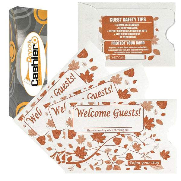 Hotel/ Motel "Welcome Guest" Key Card Sleeve, 2 3/8" X 3 1/2", Printed in Orange, Premium 24lb. Paper, 500/Box (KCN325N) - Cashier Depot