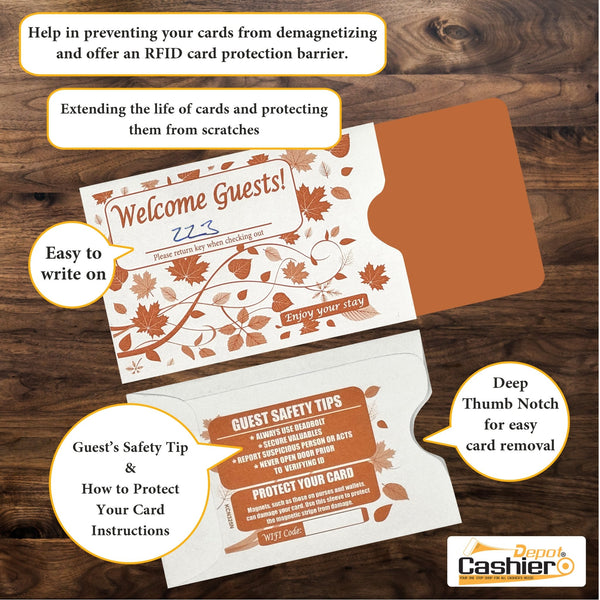 Hotel/ Motel "Welcome Guest" Key Card Sleeve, 2 3/8" X 3 1/2", Printed in Orange, Premium 24lb. Paper, 500/Box (KCN325N) - Cashier Depot