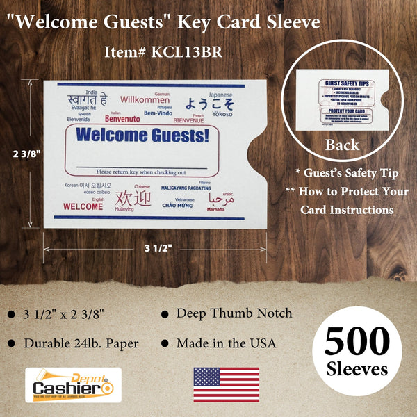 Hotel/ Motel "Welcome Guest" Key Card Sleeve, 2 3/8" X 3 1/2", Printed in Red/Blue, Premium 24lb. Paper, 500/Box (KCL13BR) - Cashier Depot