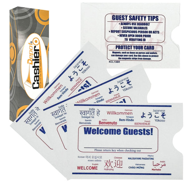 Hotel/ Motel "Welcome Guest" Key Card Sleeve, 2 3/8" X 3 1/2", Printed in Red/Blue, Premium 24lb. Paper, 500/Box (KCL13BR) - Cashier Depot