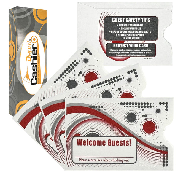 Hotel/ Motel "Welcome Guest" Key Card Sleeve, 2 3/8" X 3 1/2", Printed in Red/Gray, Premium 24lb. Paper, 500/Box (KCR34GY) - Cashier Depot