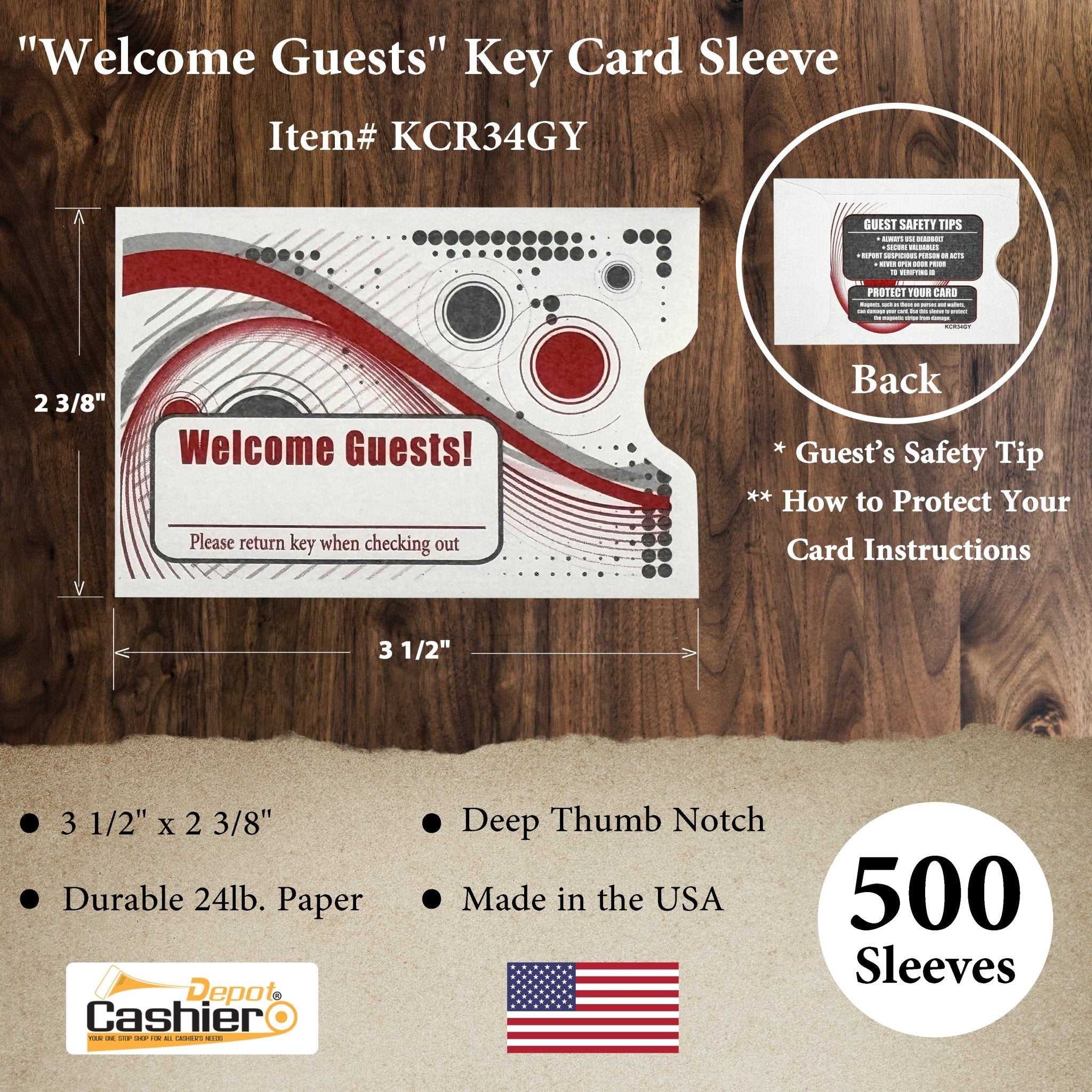 Hotel/ Motel "Welcome Guest" Key Card Sleeve, 2 3/8" X 3 1/2", Printed in Red/Gray, Premium 24lb. Paper, 500/Box (KCR34GY) - Cashier Depot