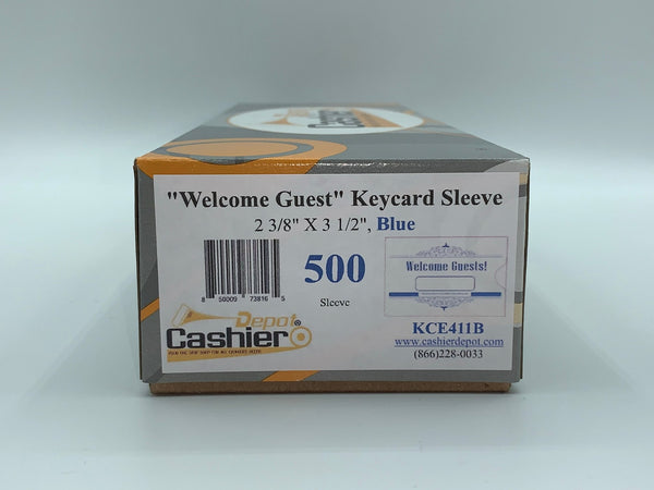 Hotel/ Motel "Welcome Guest" Keycard Sleeve, 2 3/8" X 3 1/2", Printed in Blue, Premium 24lb. Paper, 500/Box (KCE411B)
