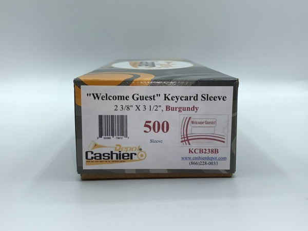 Hotel/ Motel "Welcome Guest" Keycard Sleeve, 2 3/8" X 3 1/2", Printed in Burgundy, Premium 24lb. Paper, 500/Box (KCB238B)