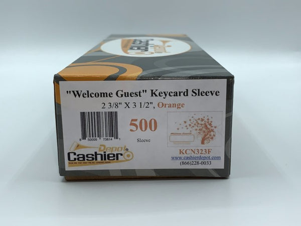 Hotel/ Motel "Welcome Guest" Keycard Sleeve, 2 3/8" X 3 1/2", Printed in Orange, Premium 24lb. Paper, 500/Box (KCN323F)