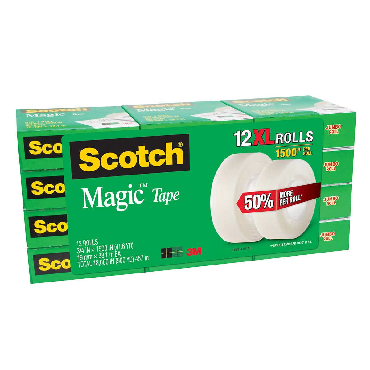 Scotch Magic Tape - 12 XL Rolls - 3/4 IN X 1500 IN - Cashier Depot